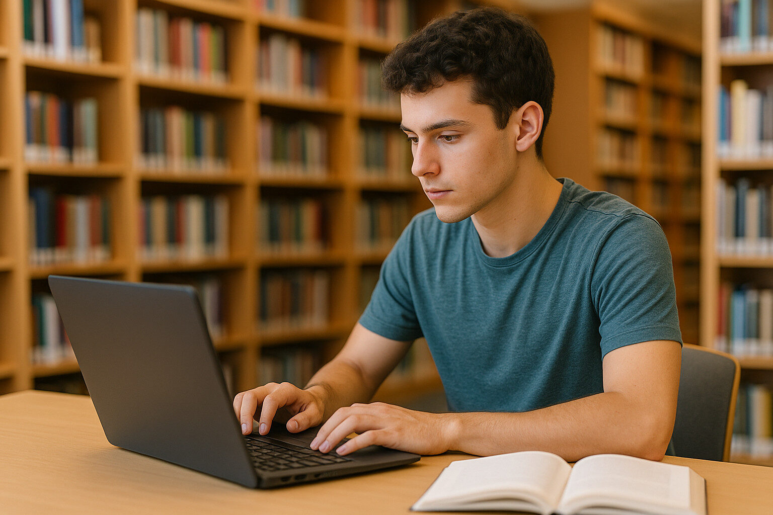 Estudante usando notebook para estudar em biblioteca
