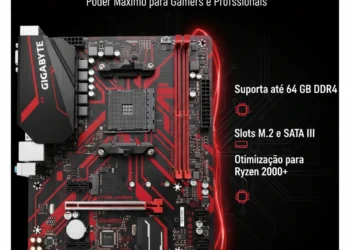 Placa-Mãe GIGABYTE B450 GAMING: desempenho avançado para gamers e profissionais com suporte a até 64GB de memória DDR4 e múltiplas opções de armazenamento.