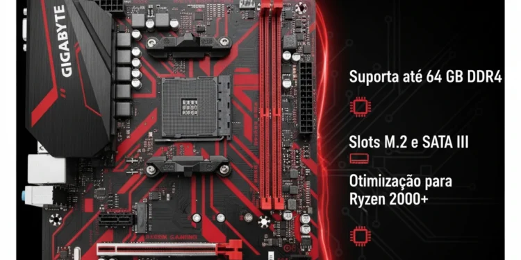 Placa-Mãe GIGABYTE B450 GAMING: desempenho avançado para gamers e profissionais com suporte a até 64GB de memória DDR4 e múltiplas opções de armazenamento.