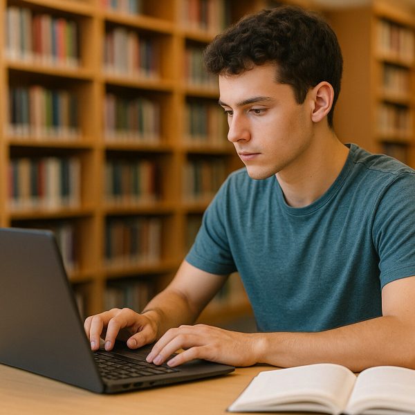 Estudante usando notebook para estudar em biblioteca